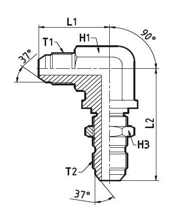 Alkūnės 90° JIC/JIC schema